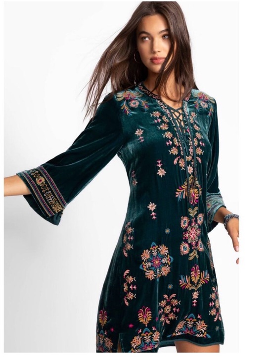 Johnny Was Dresses & Skirts - Johnny Was Teal Green Velvet Embroidered Lace-Up Dress